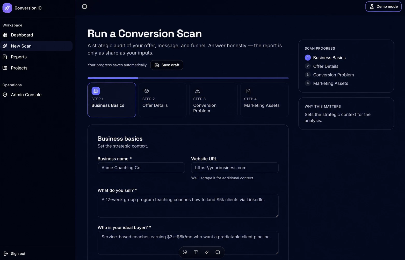 Conversion IQ application showing a structured conversion scan workflow