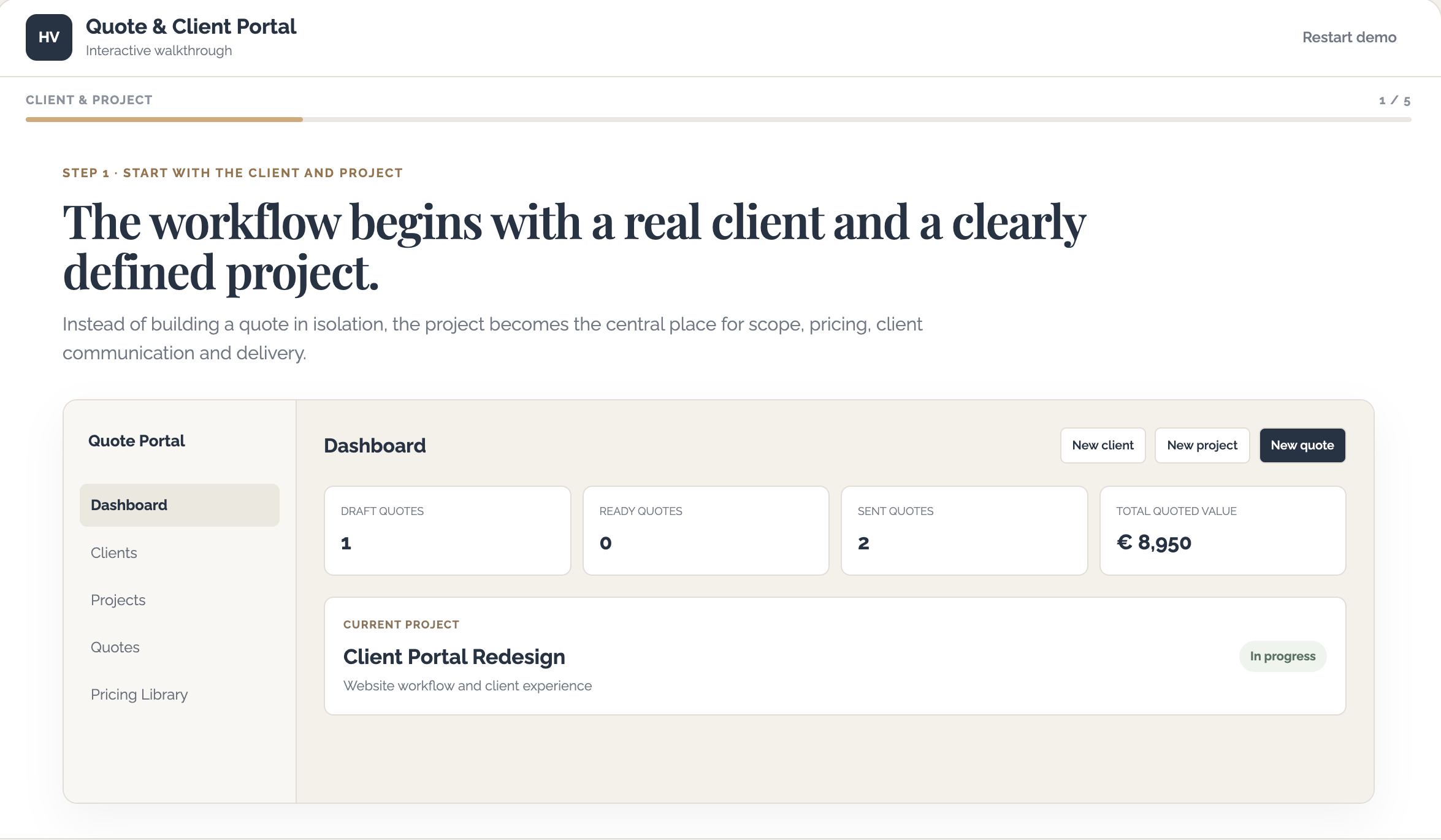Quote and Client Portal application showing the client proposal and project workflow