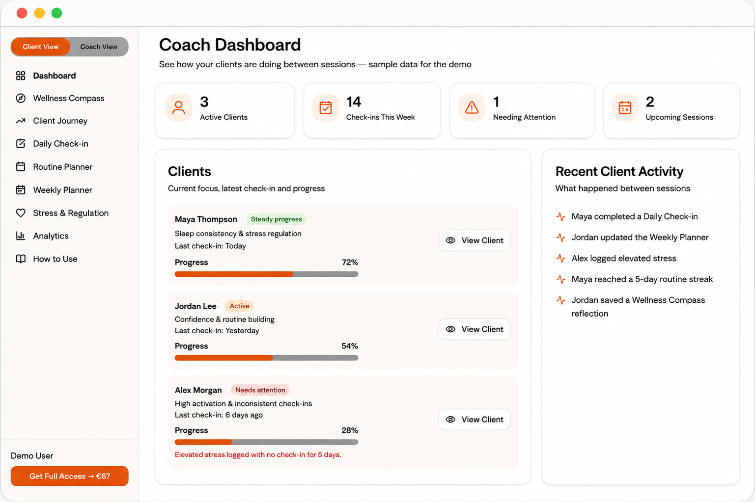 Wellness Compass coach dashboard with client progress, check-ins and recent activity