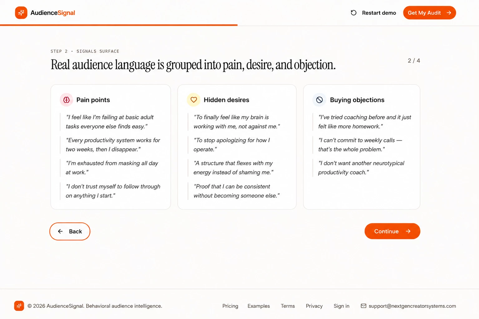 Audience Signal application showing structured audience research insights
